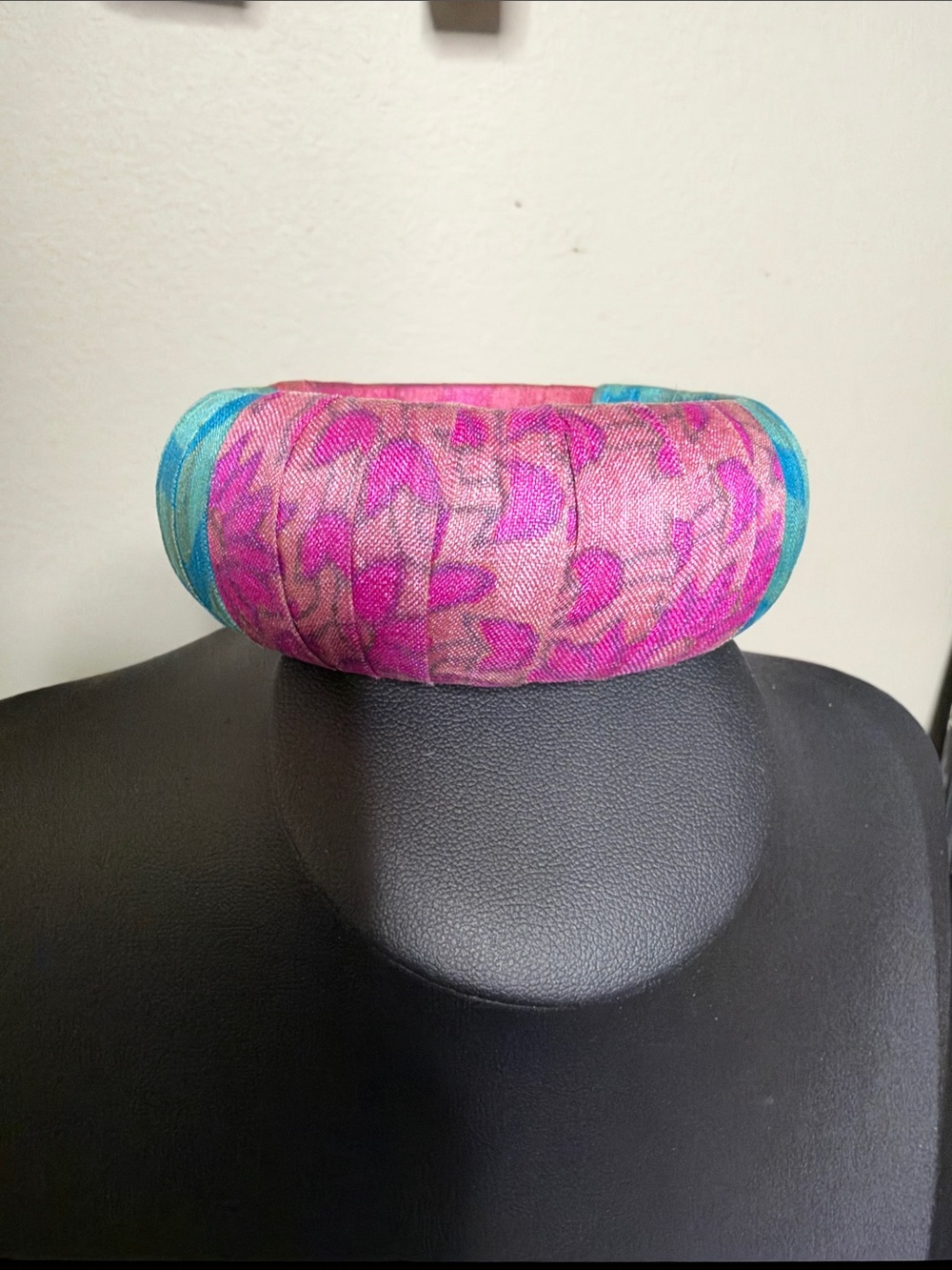 Chunky Floral Pink Teal Fabric Statement Bangle Bracelet